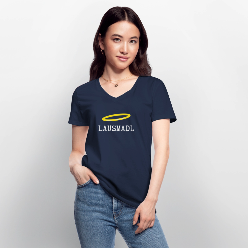 Lausmadl, Klassisches Frauen T-Shirt mit V-Ausschnitt - Navy