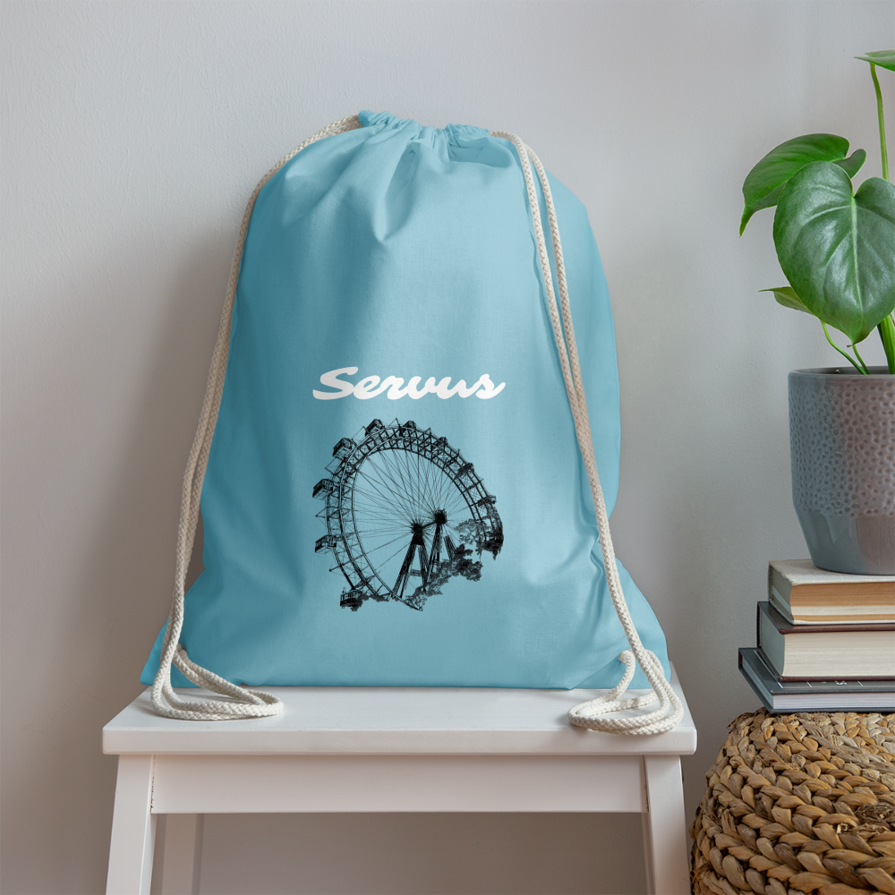 Servus (dt. Hallo) in weiß & Wiener Riesenrad in schwarz, Gym/ Beach Bag - Turnsackerl (dt. Turnbeutel) - Aqua