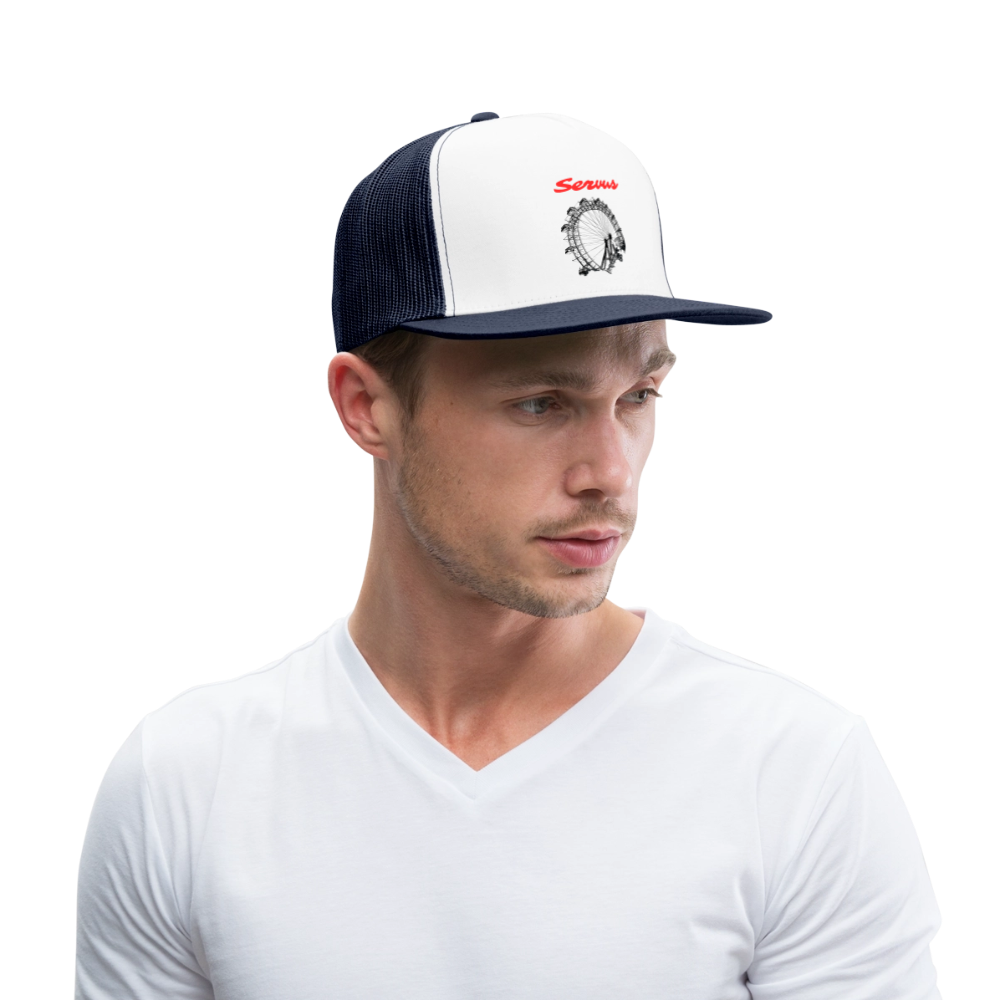 Servus (dt. Hallo) in rot & Wiener Riesenrad in schwarz, Trucker Cap/ Kapperl - Weiß/Navy