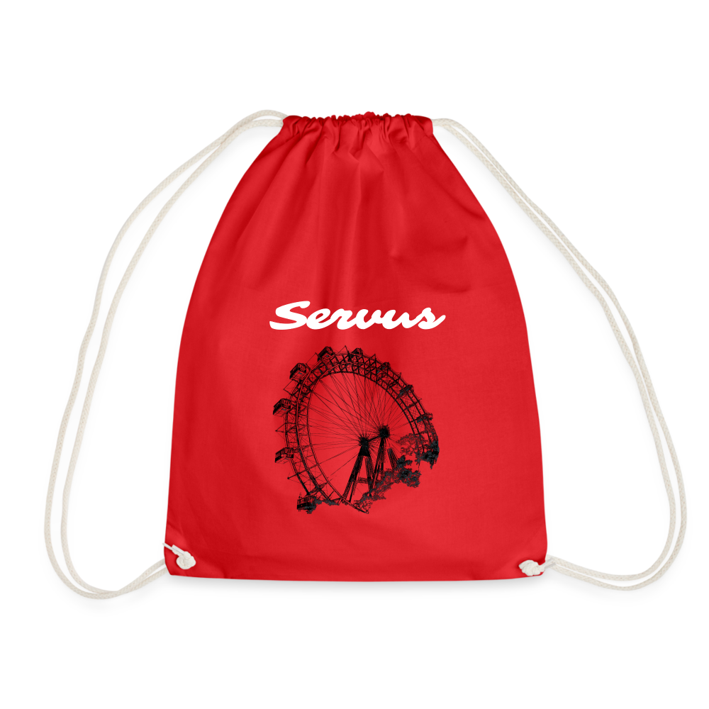 Servus (dt. Hallo) in weiß & Wiener Riesenrad in schwarz, Gym/ Beach Bag - Turnsackerl (dt. Turnbeutel) - Rot