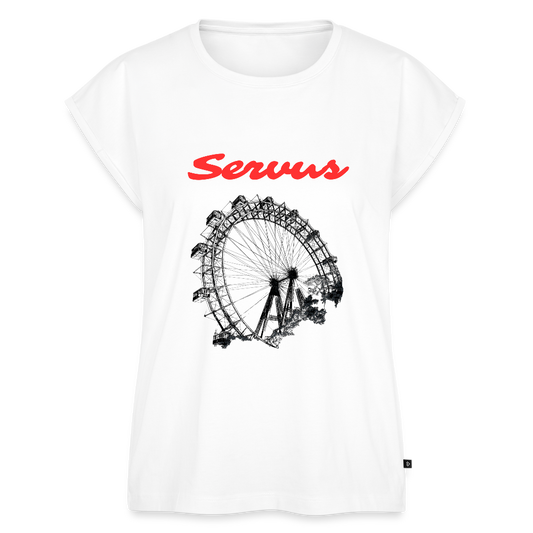 Servus (dt. Hallo) in rot & Wiener Riesenrad in schwarz, Locker sitzendes Frauen T-Shirt - Weiß