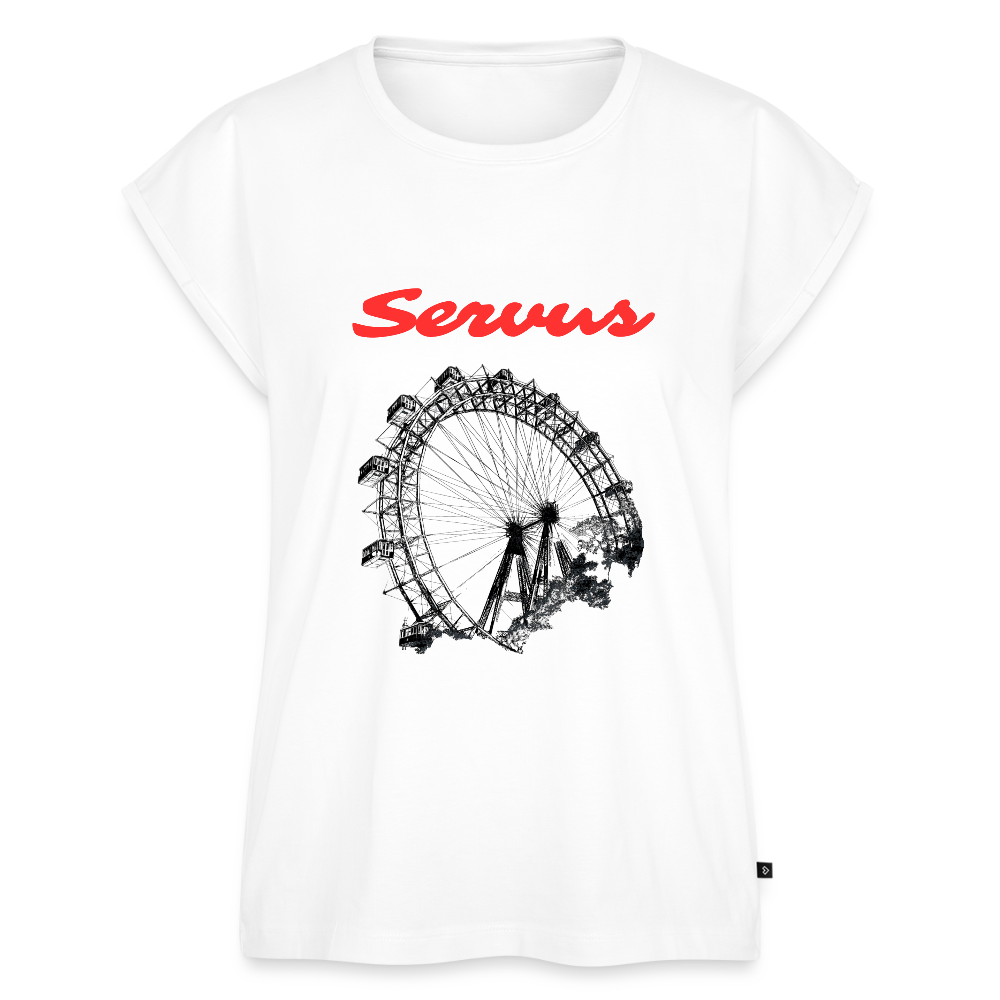 Servus (dt. Hallo) in rot & Wiener Riesenrad in schwarz, Locker sitzendes Frauen T-Shirt - Weiß