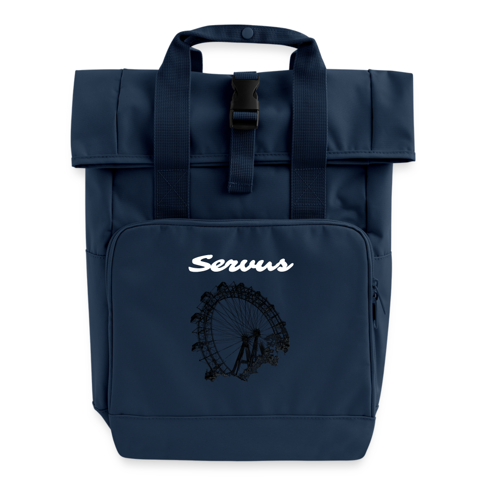 Servus (dt. Hallo) in weiß & Wiener Riesenrad in schwarz-dunkelgrau, Rucksack mit Tragerl (dt. Griffen zum Tragen) - Navy