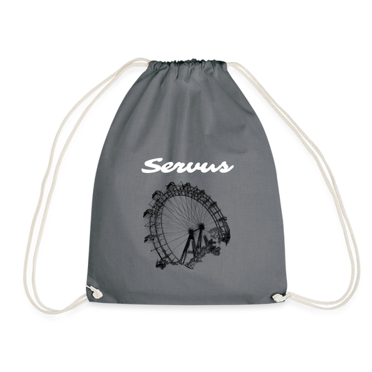 Servus (dt. Hallo) in weiß & Wiener Riesenrad in schwarz, Gym/ Beach Bag - Turnsackerl (dt. Turnbeutel) - Grau