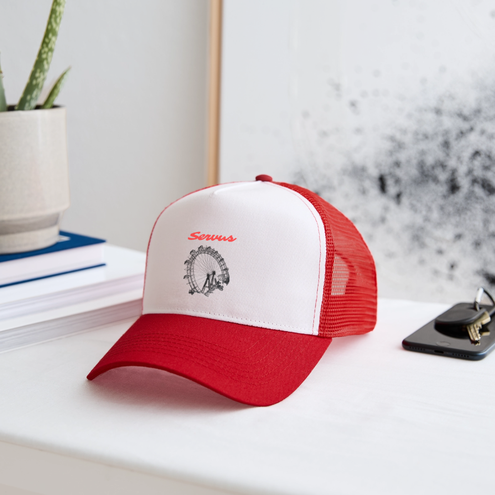 Servus (dt. Hallo) in rot & Wiener Riesenrad in schwarz, Trucker Cap/ Kapperl - Weiß/Rot