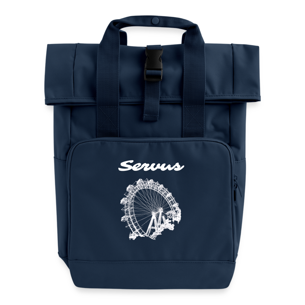 Servus (dt. Hallo) & Wiener Riesenrad in weiß, Rucksack mit Tragerl (dt. Griffen zum Tragen) - Navy