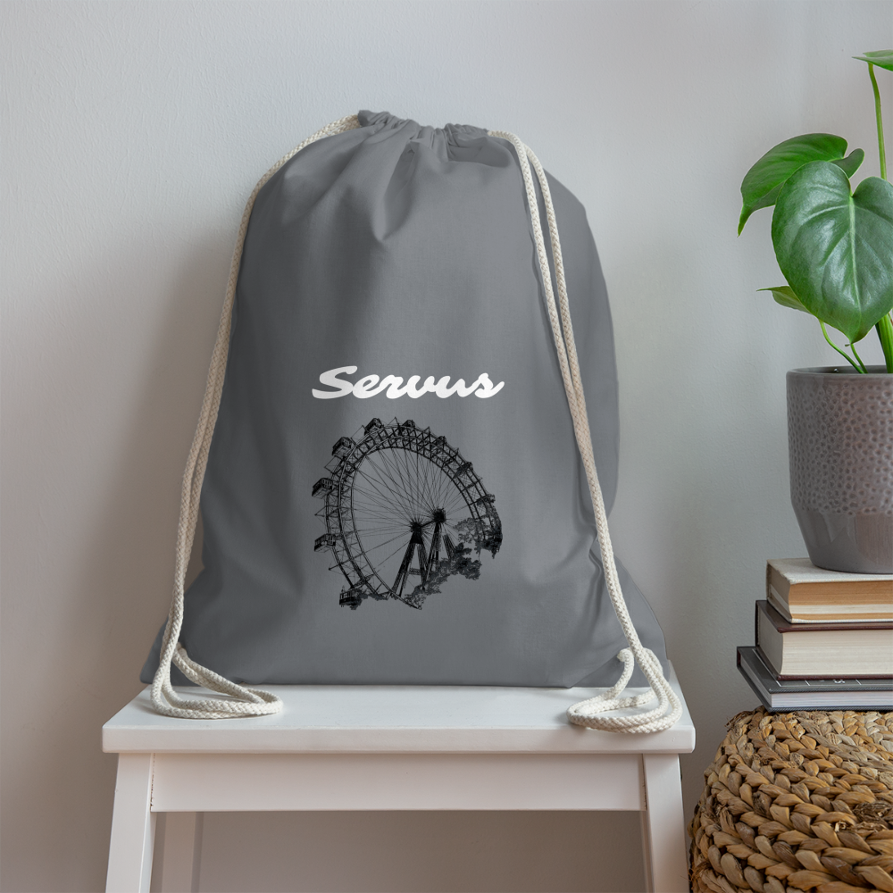Servus (dt. Hallo) in weiß & Wiener Riesenrad in schwarz, Gym/ Beach Bag - Turnsackerl (dt. Turnbeutel) - Grau