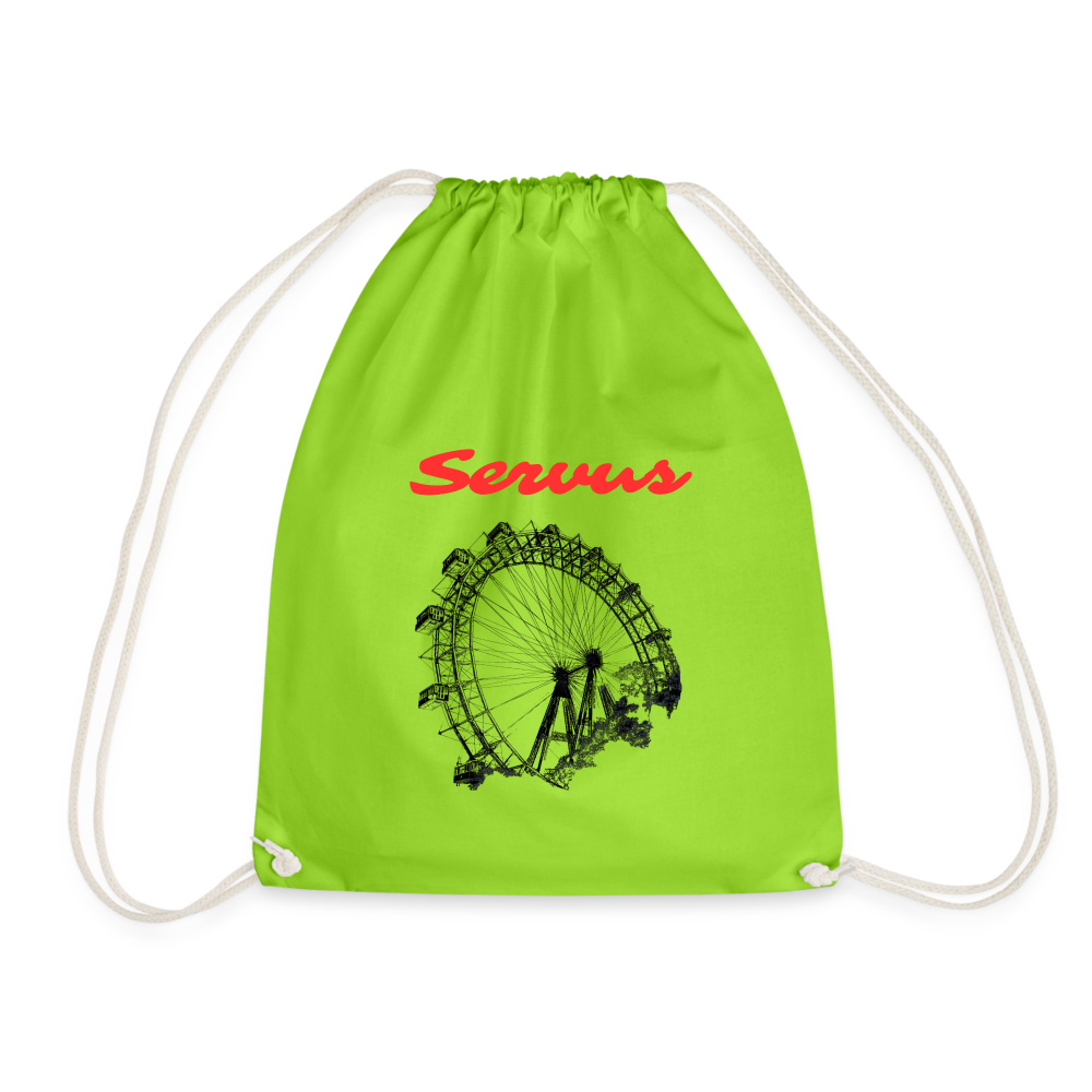 Servus (dt. Hallo) in rot & Wiener Riesenrad in schwarz, Gym/ Beach Bag - Turnsackerl (dt. Turnbeutel) - Neongrün