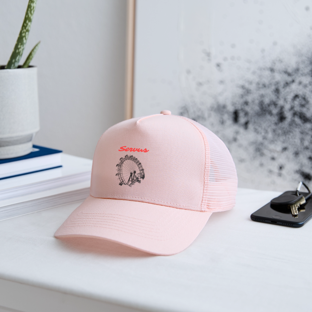 Servus (dt. Hallo) in rot & Wiener Riesenrad in schwarz, Trucker Cap/ Kapperl - Hellrosa