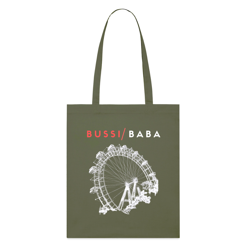 Bussi Baba korallenrot - Wiener Riesenrad in weiß, Stanley/Stella Bio-Stoffsackerl - Khaki