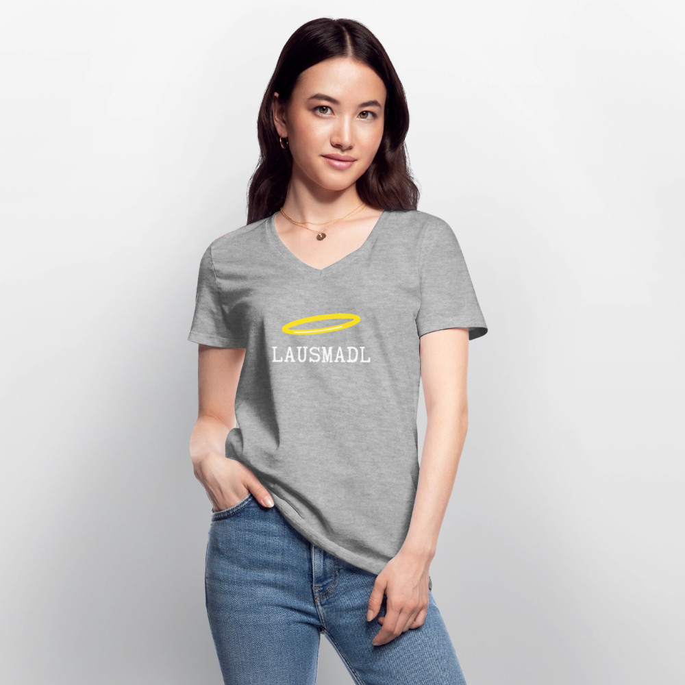 Lausmadl, Klassisches Frauen T-Shirt mit V-Ausschnitt - Grau meliert