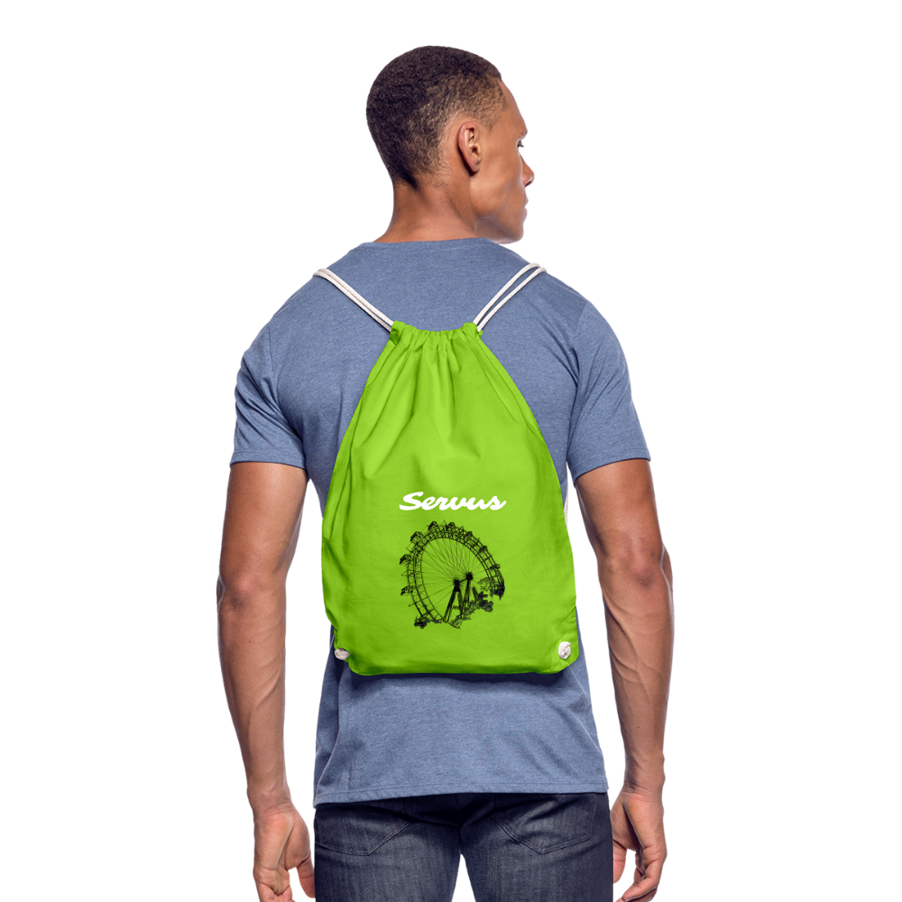 Servus (dt. Hallo) in weiß & Wiener Riesenrad in schwarz, Gym/ Beach Bag - Turnsackerl (dt. Turnbeutel) - Neongrün
