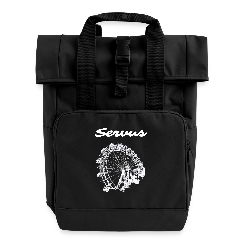 Servus (dt. Hallo) & Wiener Riesenrad in weiß, Rucksack mit Tragerl (dt. Griffen zum Tragen) - Schwarz