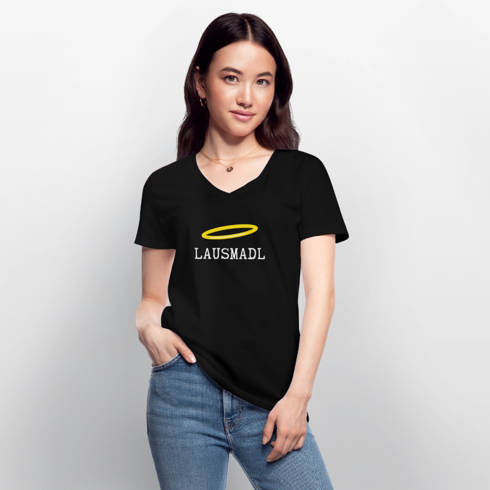 Lausmadl, Klassisches Frauen T-Shirt mit V-Ausschnitt - Schwarz