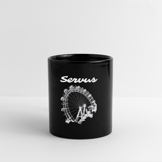Servus (dt. Hallo) und Wiener Riesenrad in weiß, Häferl (dt. Tasse) schwarz - Schwarz