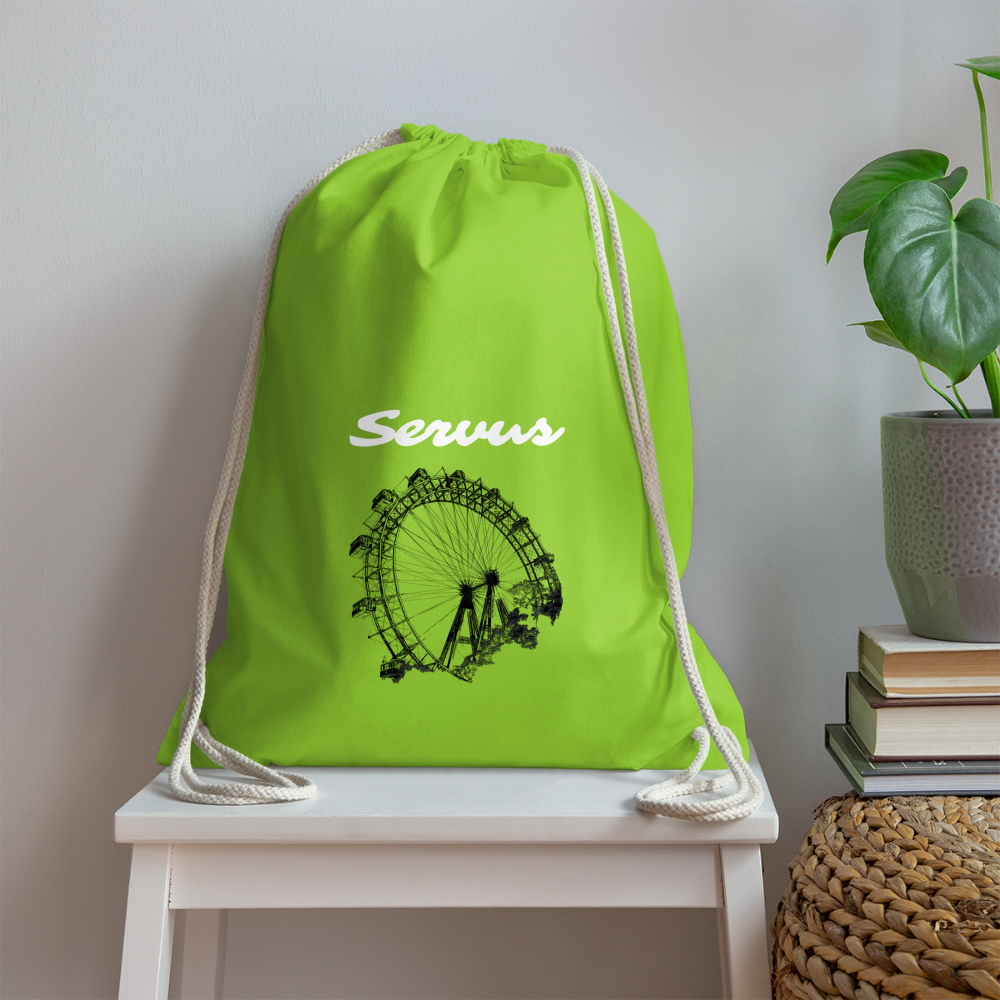 Servus (dt. Hallo) in weiß & Wiener Riesenrad in schwarz, Gym/ Beach Bag - Turnsackerl (dt. Turnbeutel) - Neongrün