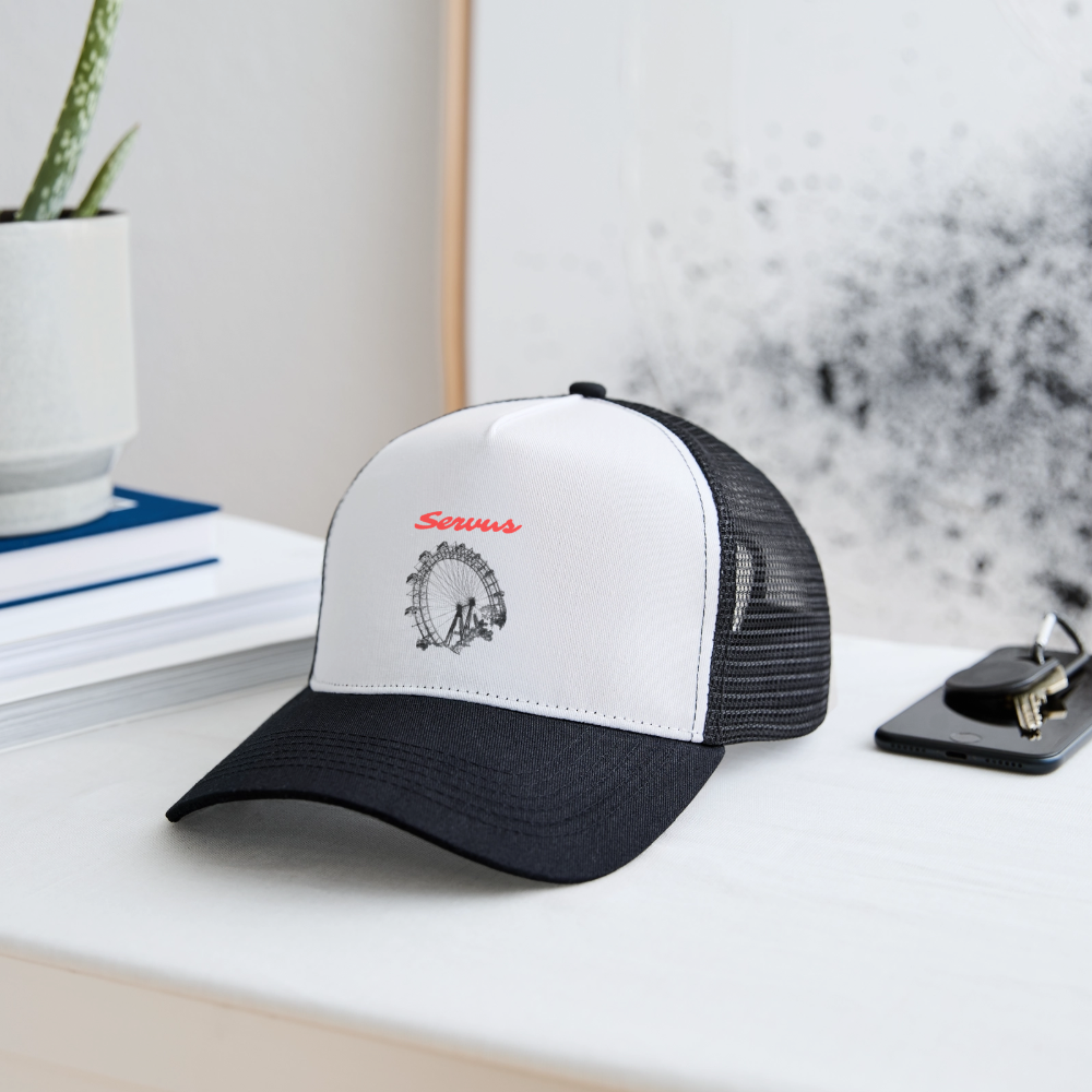 Servus (dt. Hallo) in rot & Wiener Riesenrad in schwarz, Trucker Cap/ Kapperl - Weiß/Schwarz