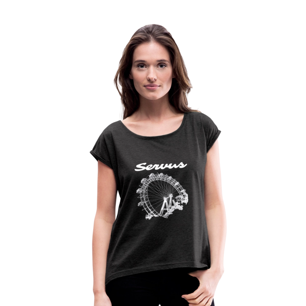 Servus (dt. Hallo) und Wiener Riesenrad in weiß, Lockeres Frauen T-Shirt - Schwarz meliert