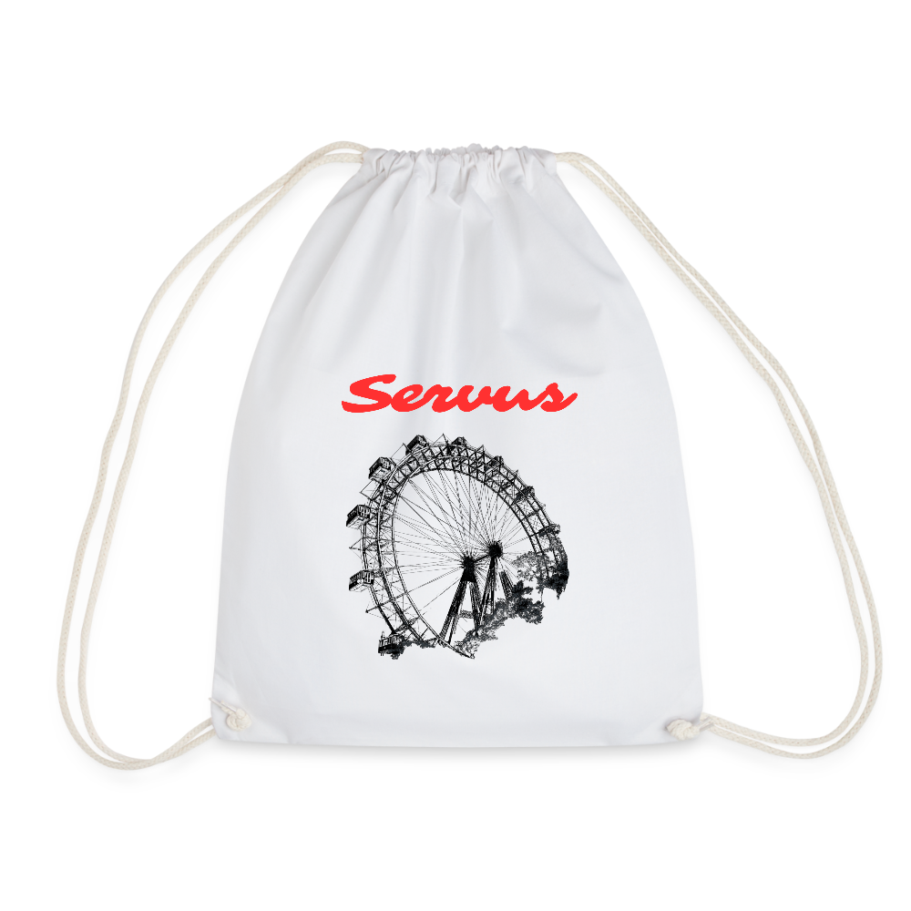 Servus (dt. Hallo) in rot & Wiener Riesenrad in schwarz, Gym/ Beach Bag - Turnsackerl (dt. Turnbeutel) - Weiß