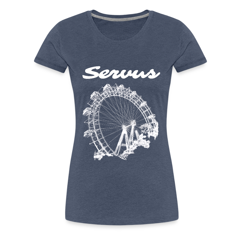 Servus (dt. Hallo) und Wiener Riesenrad in weiß, Frauen Premium T-Shirt - Blau meliert
