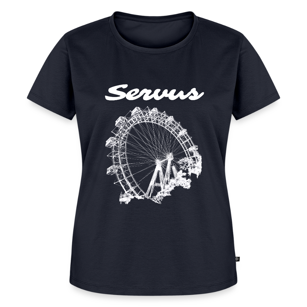Servus (dt. Hallo) und Wiener Riesenrad in weiß, Frauen Premium T-Shirt - Navy