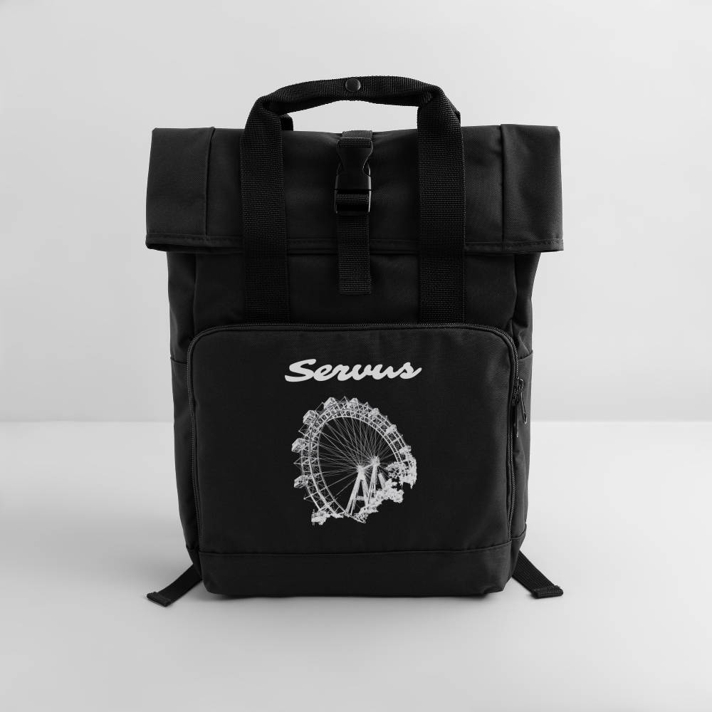 Servus (dt. Hallo) & Wiener Riesenrad in weiß, Rucksack mit Tragerl (dt. Griffen zum Tragen) - Schwarz