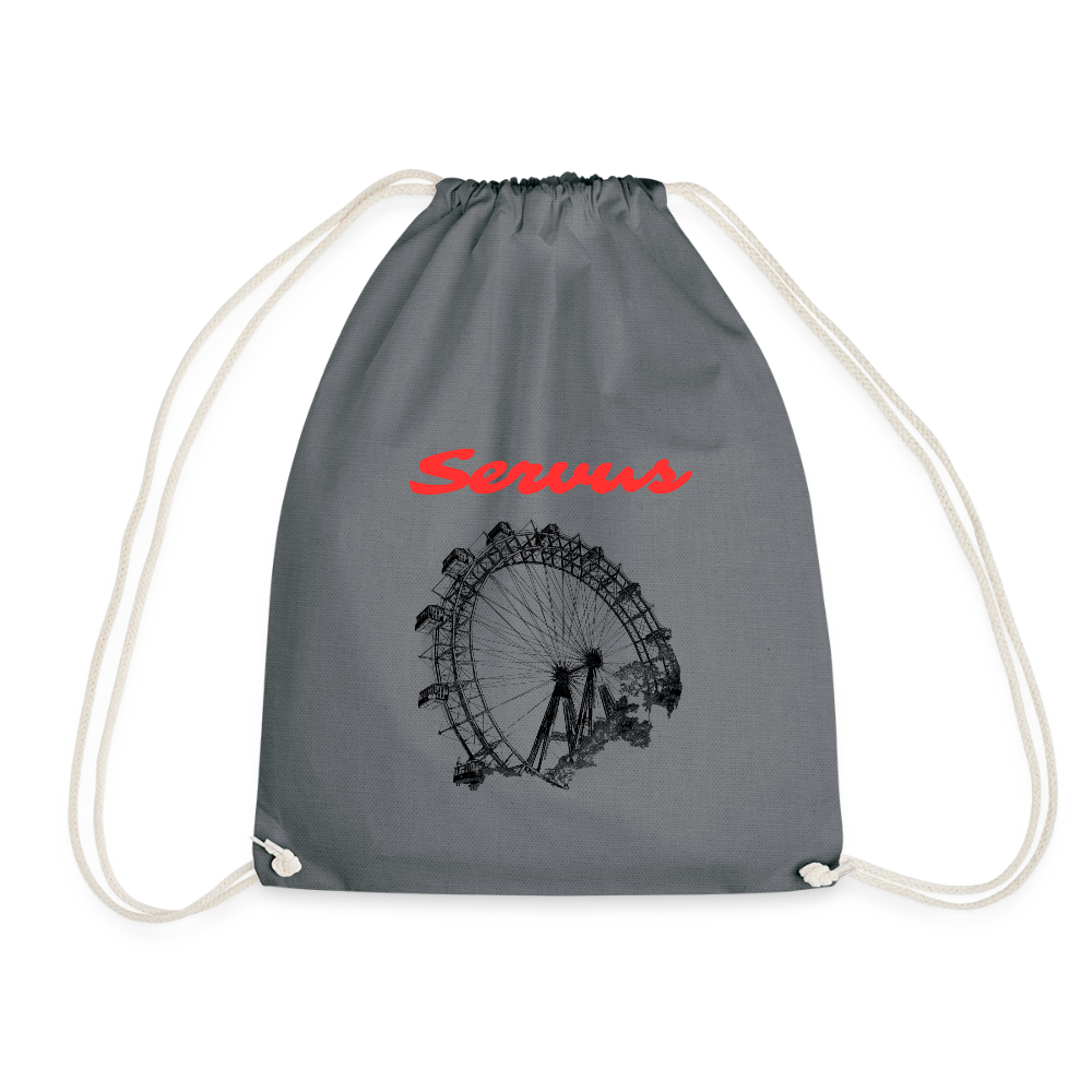 Servus (dt. Hallo) in rot & Wiener Riesenrad in schwarz, Gym/ Beach Bag - Turnsackerl (dt. Turnbeutel) - Grau