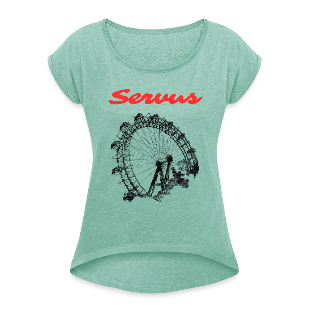 Servus (dt. Hallo) in rot & Wiener Riesenrad in schwarz, Locker sitzendes Frauen T-Shirt - Minze meliert