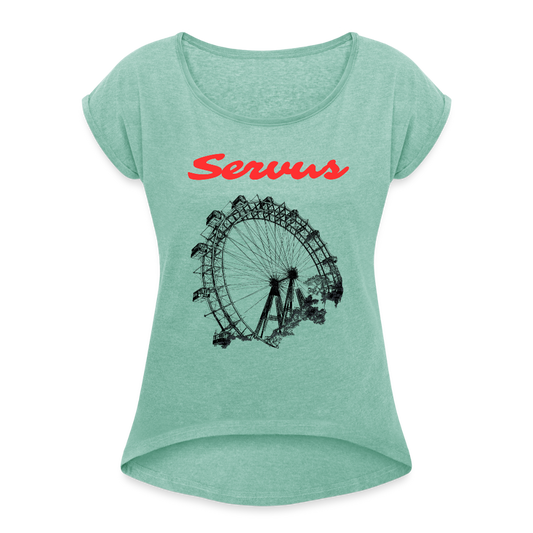 Servus (dt. Hallo) in rot & Wiener Riesenrad in schwarz, Locker sitzendes Frauen T-Shirt - Minze meliert