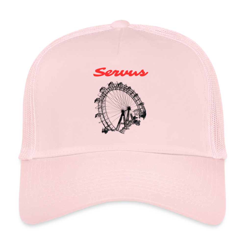 Servus (dt. Hallo) in rot & Wiener Riesenrad in schwarz, Trucker Cap/ Kapperl - Hellrosa