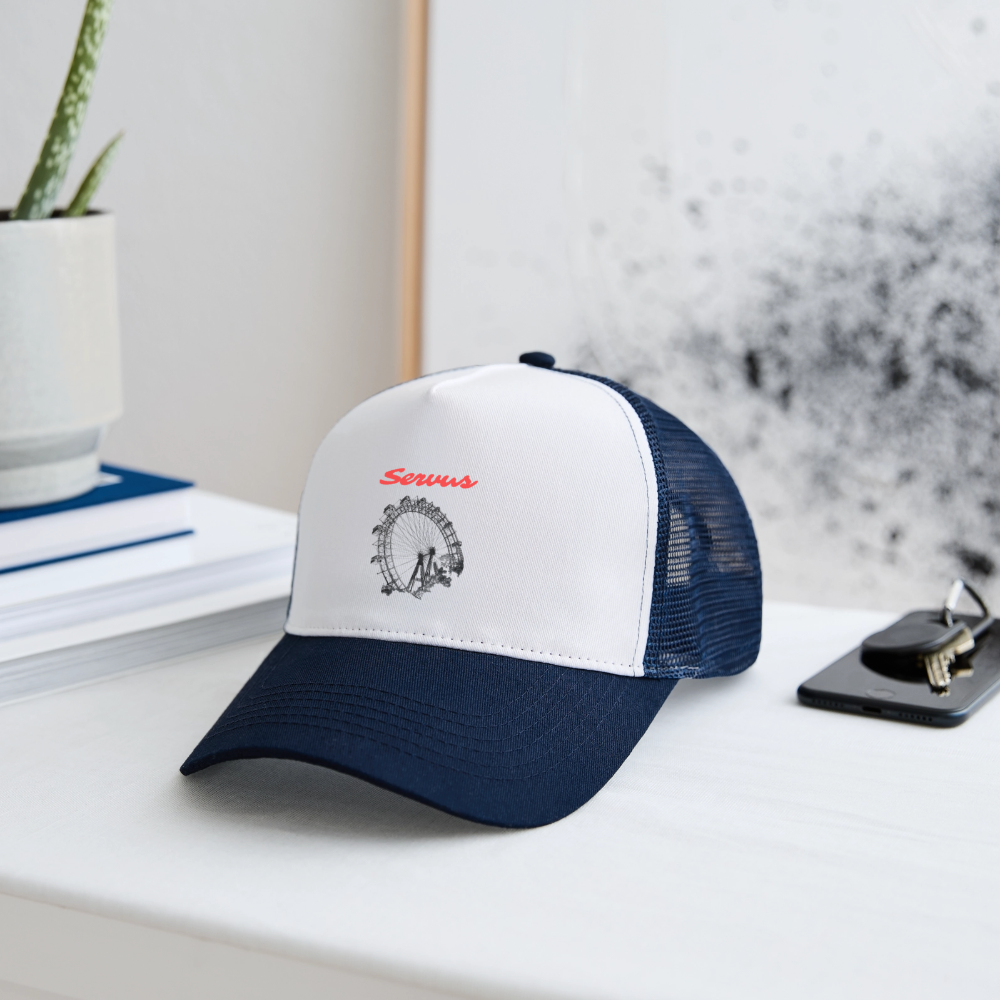 Servus (dt. Hallo) in rot & Wiener Riesenrad in schwarz, Trucker Cap/ Kapperl - Weiß/Navy