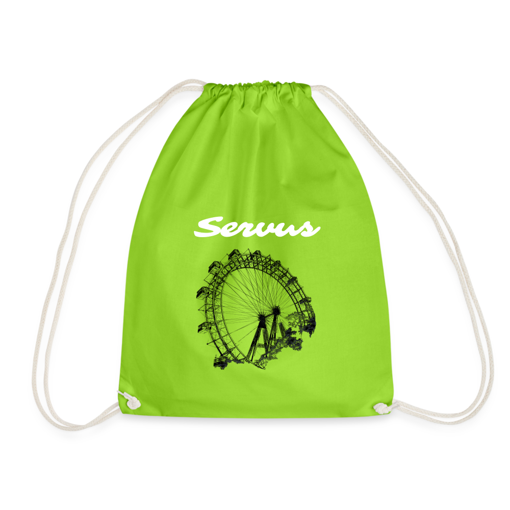 Servus (dt. Hallo) in weiß & Wiener Riesenrad in schwarz, Gym/ Beach Bag - Turnsackerl (dt. Turnbeutel) - Neongrün