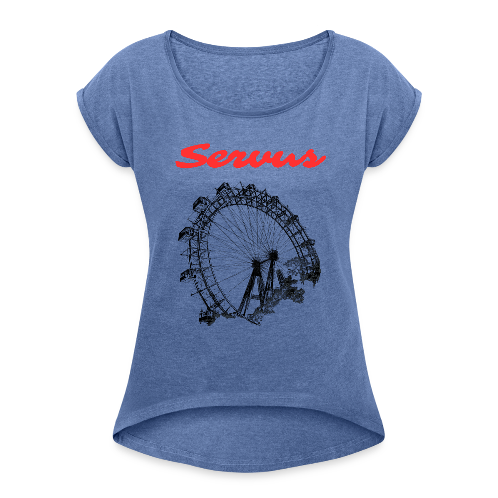 Servus (dt. Hallo) in rot & Wiener Riesenrad in schwarz, Locker sitzendes Frauen T-Shirt - Denim meliert