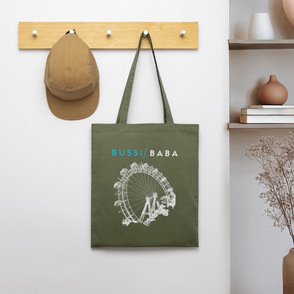 Bussi Baba aquablau - Wiener Riesenrad in weiß, Stanley/Stella Bio-Stoffsackerl - Khaki