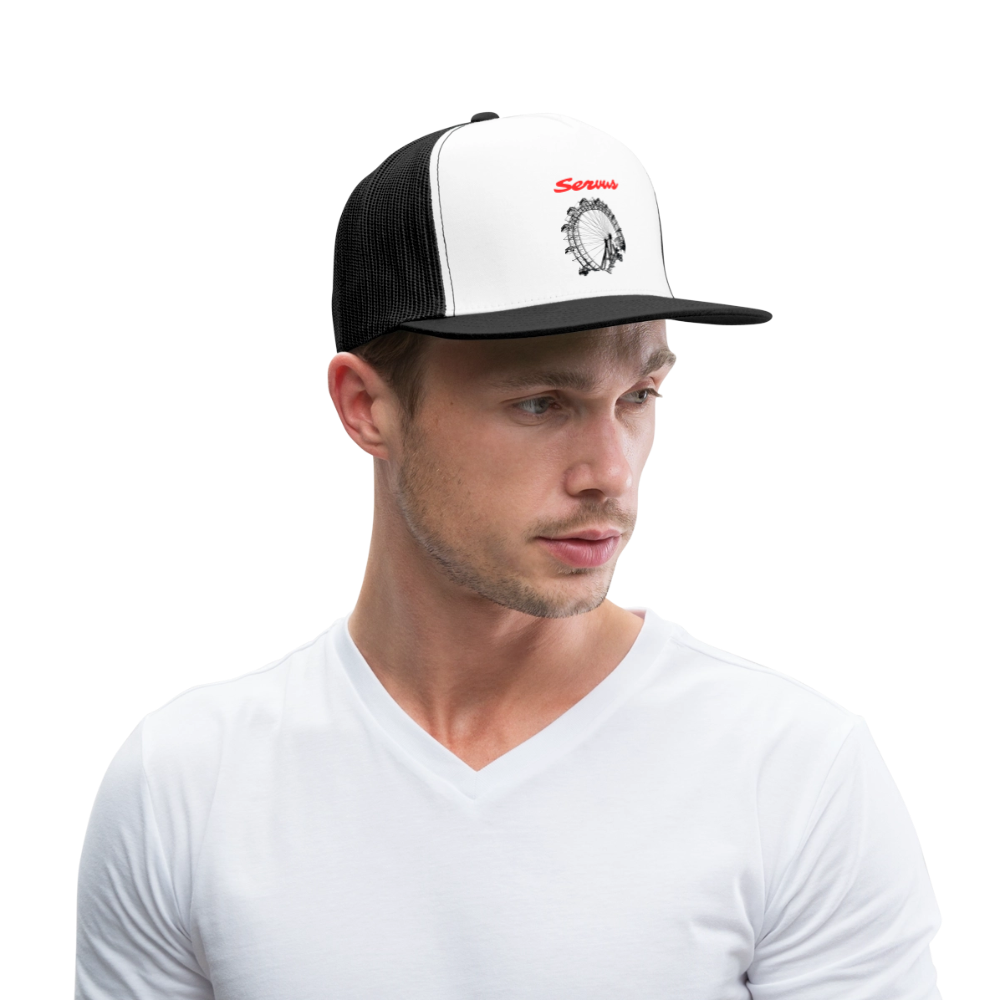 Servus (dt. Hallo) in rot & Wiener Riesenrad in schwarz, Trucker Cap/ Kapperl - Weiß/Schwarz