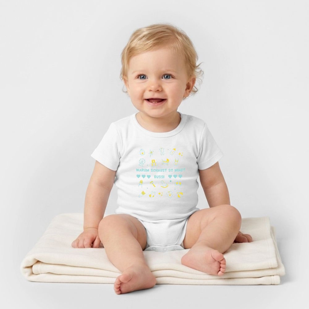 Warum schaust so miad? Bussi, Bio Baby-Body (kurzarm) - Weiß