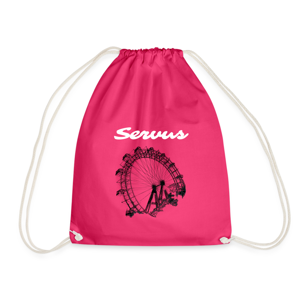 Servus (dt. Hallo) in weiß & Wiener Riesenrad in schwarz, Gym/ Beach Bag - Turnsackerl (dt. Turnbeutel) - Fuchsia