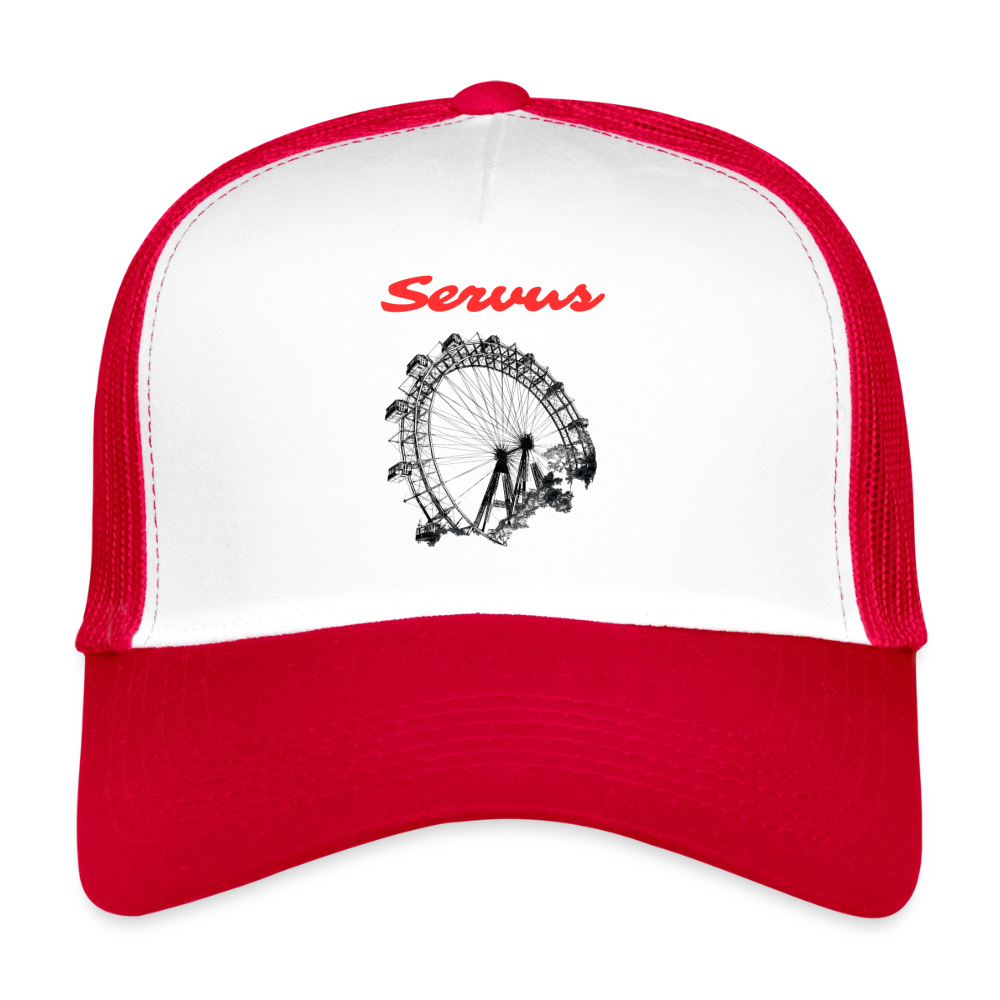 Servus (dt. Hallo) in rot & Wiener Riesenrad in schwarz, Trucker Cap/ Kapperl - Weiß/Rot