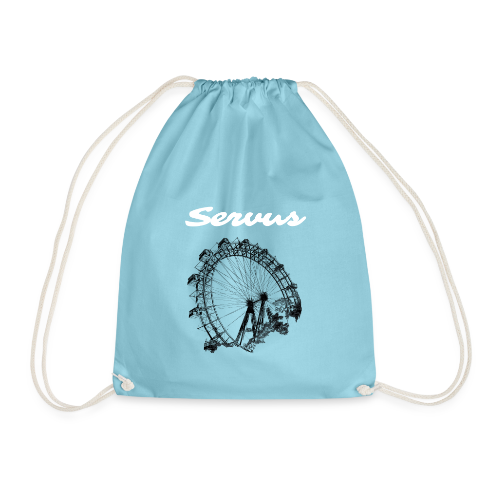 Servus (dt. Hallo) in weiß & Wiener Riesenrad in schwarz, Gym/ Beach Bag - Turnsackerl (dt. Turnbeutel) - Aqua