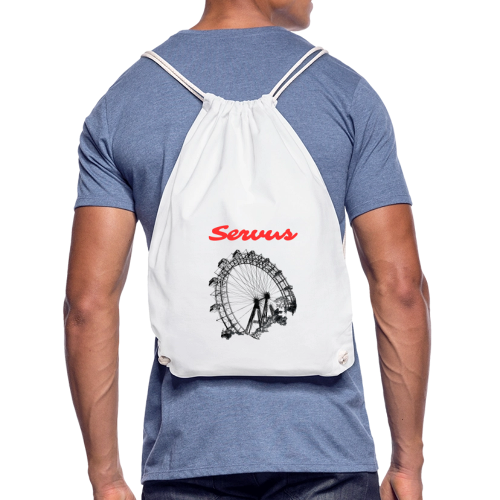 Servus (dt. Hallo) in rot & Wiener Riesenrad in schwarz, Gym/ Beach Bag - Turnsackerl (dt. Turnbeutel) - Weiß