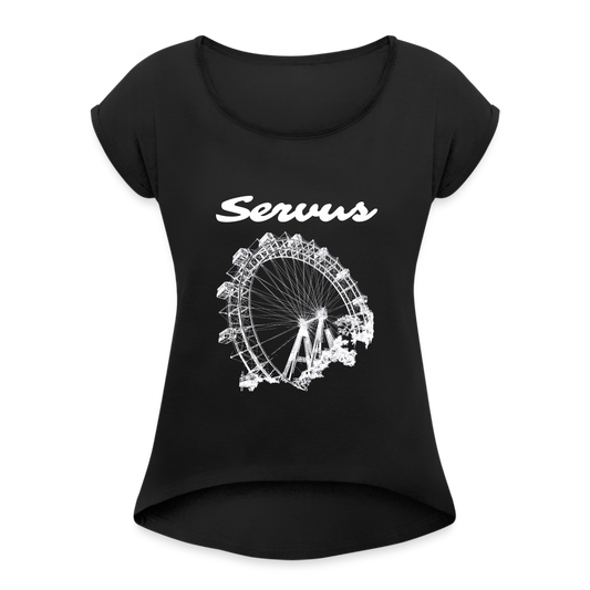 Servus (dt. Hallo) und Wiener Riesenrad in weiß, Lockeres Frauen T-Shirt - Schwarz