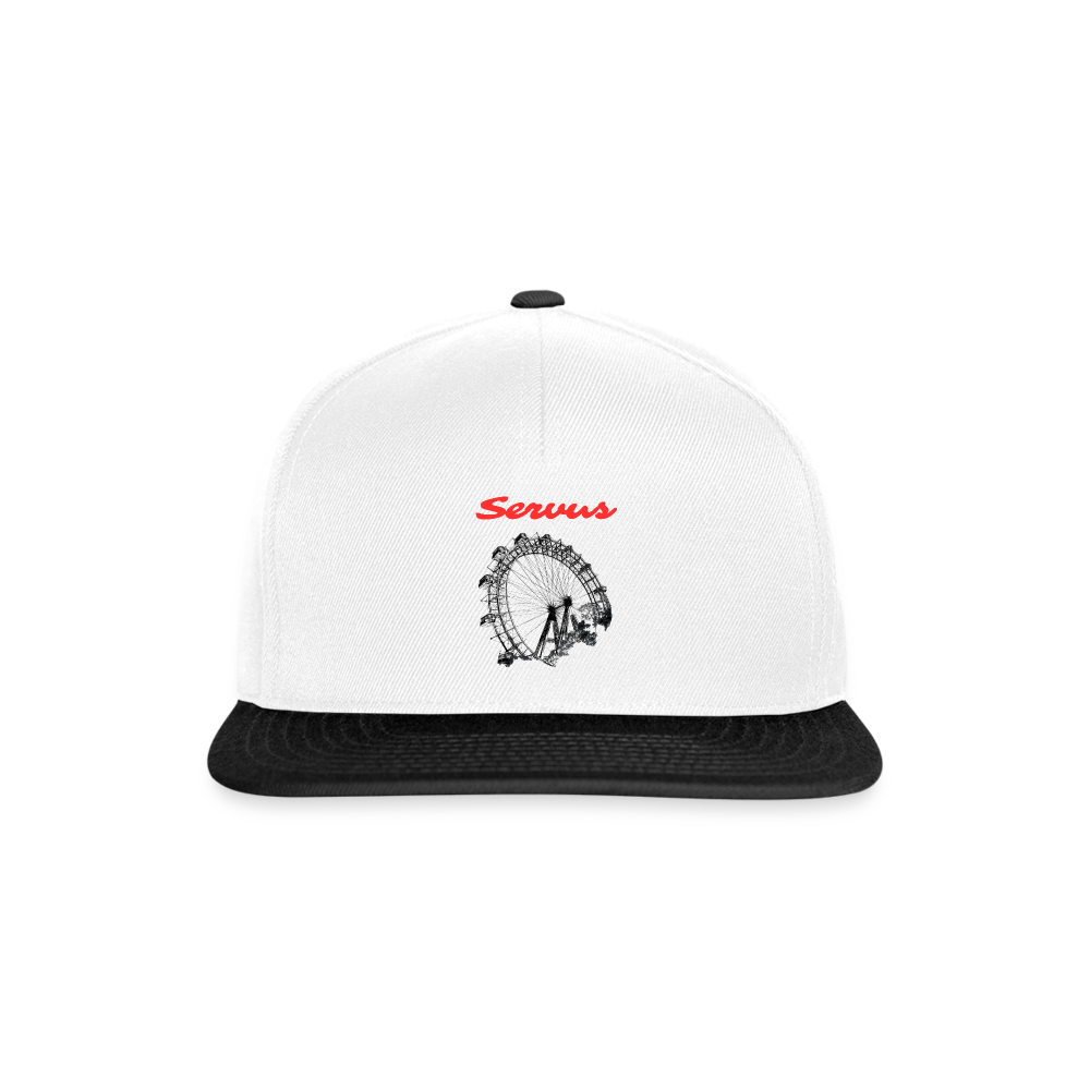 Servus (dt. Hallo) in rot & Wiener Riesenrad in schwarz, Snapback Cap/ Kapperl - Weiß/Schwarz