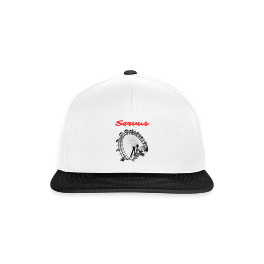 Servus (dt. Hallo) in rot & Wiener Riesenrad in schwarz, Snapback Cap/ Kapperl - Weiß/Schwarz