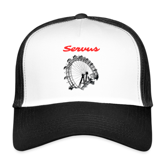 Servus (dt. Hallo) in rot & Wiener Riesenrad in schwarz, Trucker Cap/ Kapperl - Weiß/Schwarz